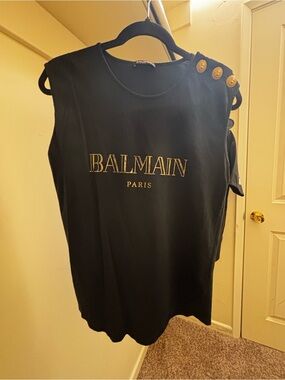 Balmain Black Sleeveless Logo Tank with Gold Button Detail